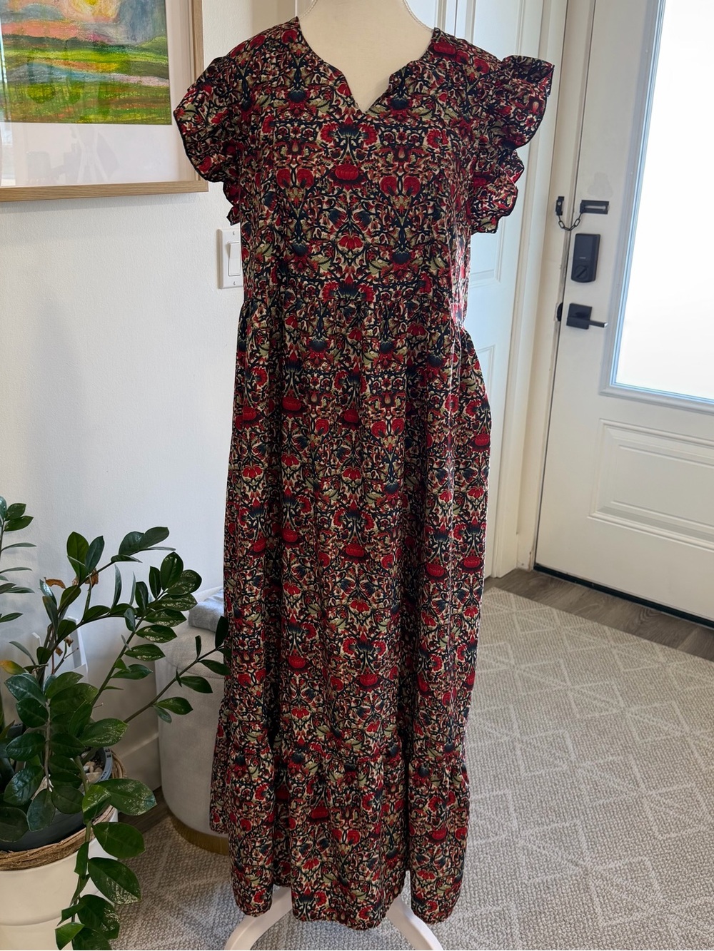 Frempy Floral Nursing Maxi Dress XXL Boho Tiered Ruffle Sleeve Dual Bust Zipper